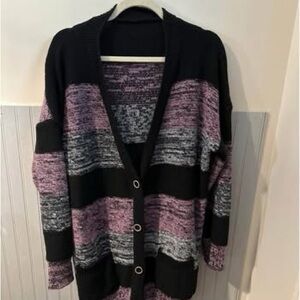 XL Striped Open Cardigan Sweater in Black and Lavender
